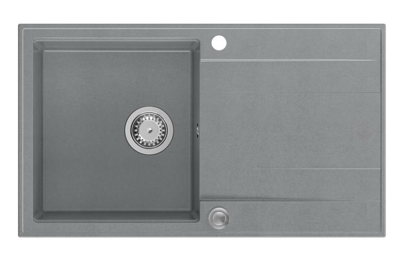 Quadri Luton grauer Granit-Aufbauspülbecken mit Abtropffläche, umkehrbar, 86x50cm, mit Edelstahlstopfen 1208967340