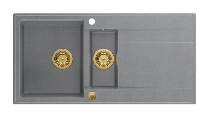 Quadri Luton grauer Granit-Aufbau 1,5 Spülbecken mit Abtropffläche, umkehrbar, 100x50 cm, mit goldenem Stopfen 1208967351