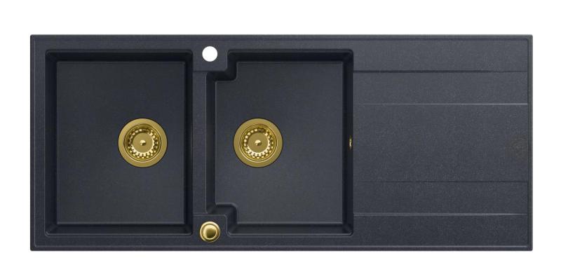 Quadri Luton Einbau-Doppelspülbecken aus Granit in Anthrazit mit Abtropffläche 116x50 cm mit goldenem Stöpsel 1208967364