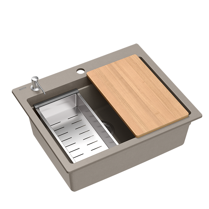 Quadri Durham taupe Granit Aufbauspüle 595x500 mit Seifenspender, Schneidebrett, Einlegebecken und Rollmatte 1208967376