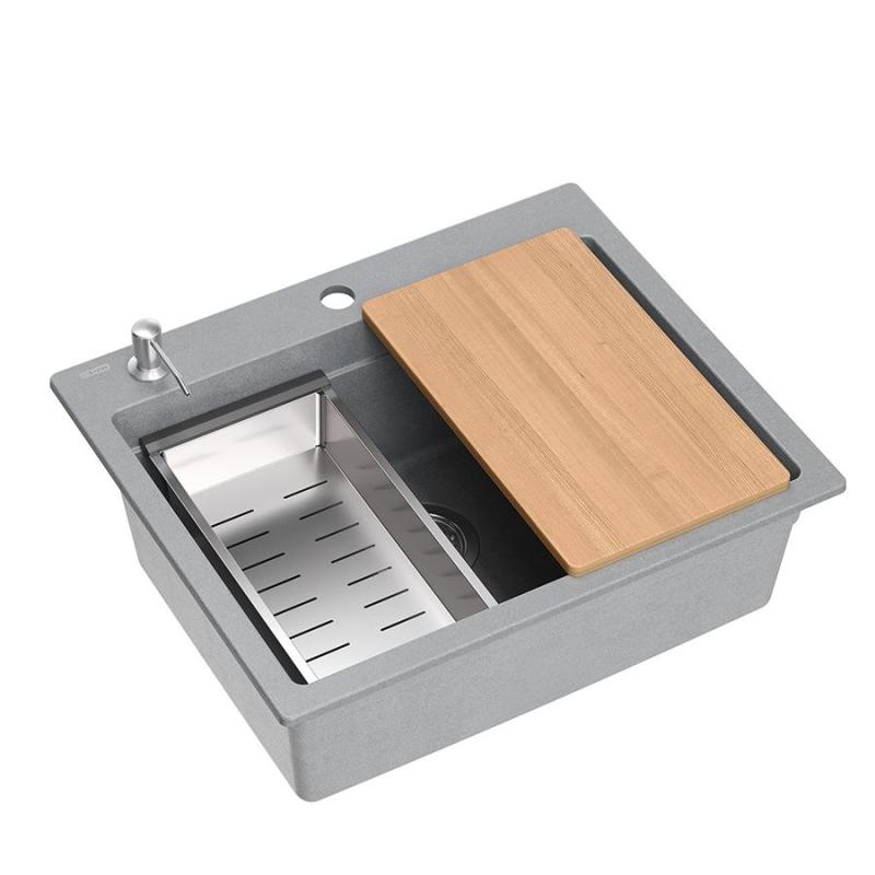 Quadri Durham grauer Granit-Aufbauspüle 595x500 mit Seifenspender, Schneidebrett, Einsatzbecken und Rollmatte 1208967378