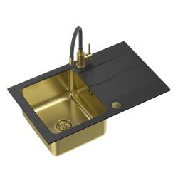 Quadri Fusion Set mit Küchenarmatur und Aufsatzspüle in Gold mit Abtropffläche aus Onyx-Granite, 78x48, umkehrbar, 1208967415