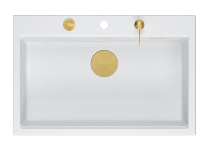 Quadri Hard Rock weißes Granit-Aufbauspülbecken groß 76x50cm inklusive goldener Ablaufgarnitur und Zubehör 1208967424