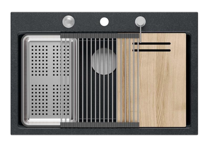 Quadri Hard Rock anthrazit Granit Aufsatzspüle groß 76x50cm inklusive Edelstahlstopfen und Zubehör 1208967442