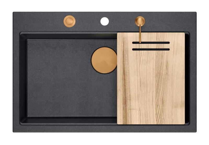 Quadri Hard Rock Anthrazit Granit Aufsatzspüle große Spüle 76x50cm inklusive Kupferstopfen und Zubehör 1208967445
