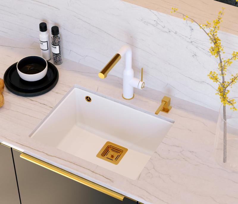 Quadri Quadrangle weiße Granit-Unterbauspüle 55x42cm mit Kupferstopfen 1208967478