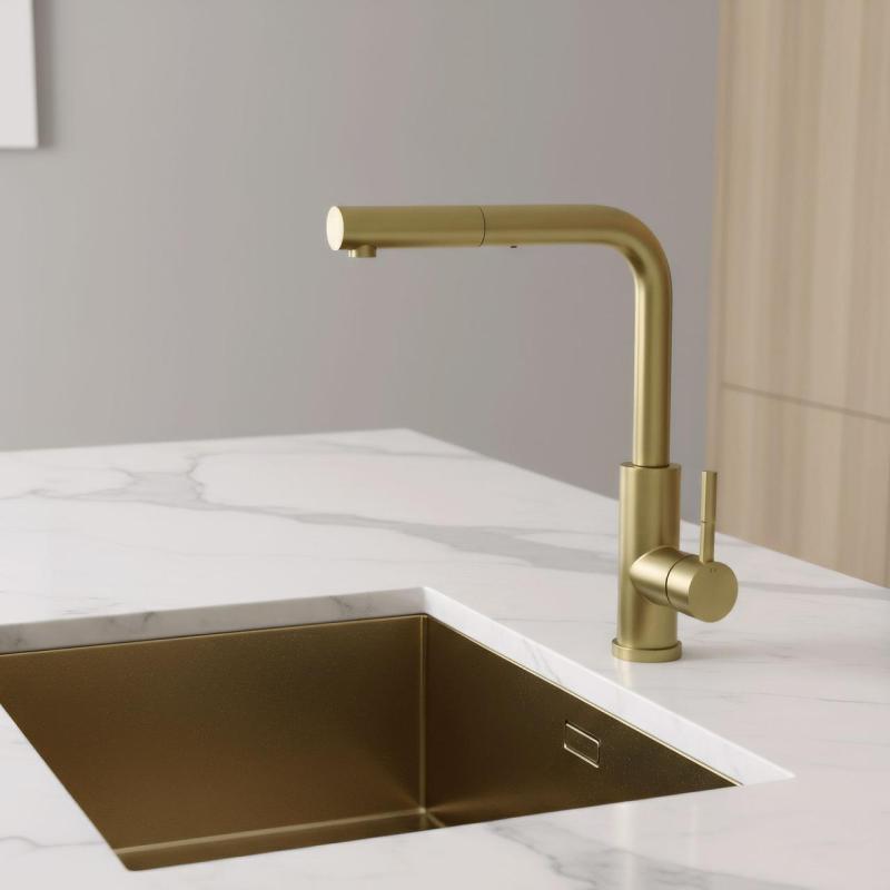 Pure.Sink Elite Steel Spark-S Küchenarmatur PVD gebürstetes Gold mit ausziehbarem Auslauf PS8041-60