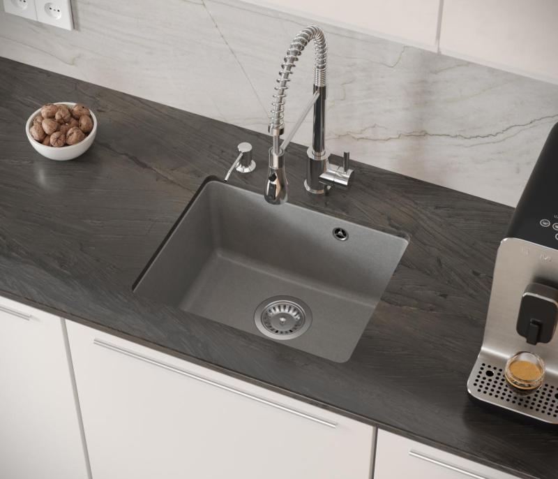 Quadri Elston Grauer Granit-Unterbauspüle 420x335mm mit Edelstahlstopfen 1208967775