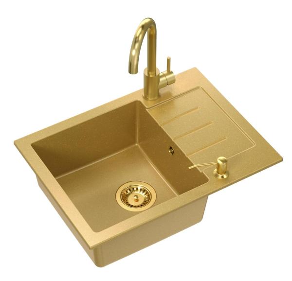 Quadri Kendal Set mit Küchenarmatur, Flüssigkeitsspender und Granit-Goldfarbener Spülbecken 60x44 cm mit Abtropffläche und Goldenem Stöpsel und Überlauf - 1208967842