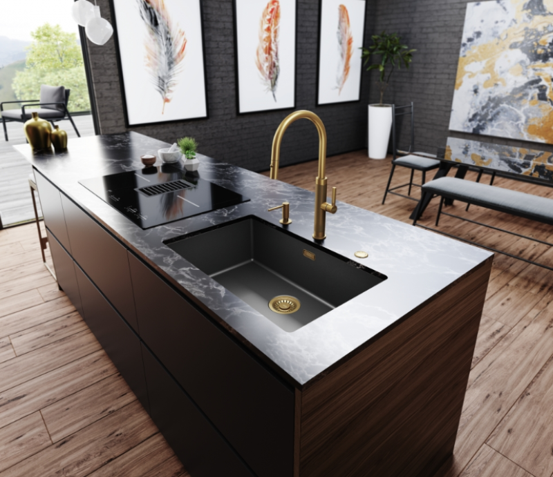 Franke Mythos Masterpiece Küchenarmatur Gold mit J-Auslauf und Ausziehbarer Brause - 115.0711.558