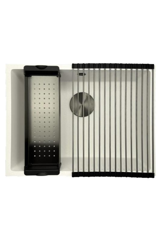 GraniteMy Universelles Granit Weißes Spülbecken 55x40 cm Aufsatz, Unterbau und Flachbau mit Gun Metal Stopfen - 1208967933