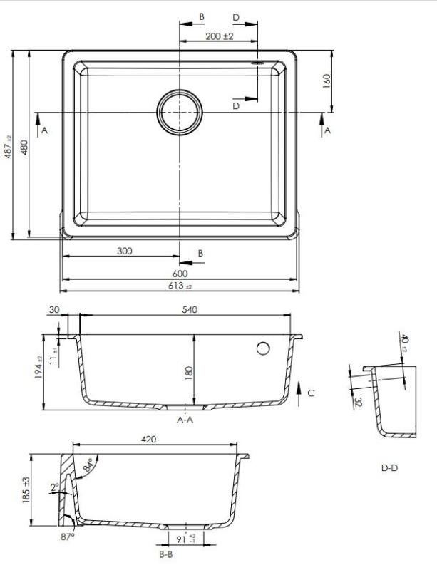 GraniteMy Tradition Ländliches Spülbecken Granitspüle 60x48 cm Schwarz Unterbau und Flachbau mit Kupferstopfen 1208967937