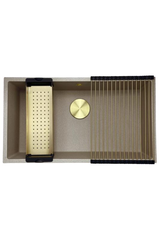 GraniteMy Universal Granit beige Sandspüle 74x40 cm Aufsatz-, Unterbau- und Flachbauweise mit goldener Abdeckung 1208968018