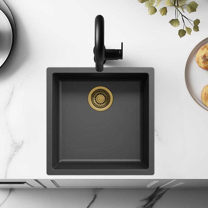 Schwarzes Spülbecken 40x40cm Unterbau, Aufsatz und Flachbau mit goldenem Stöpsel 1208968034