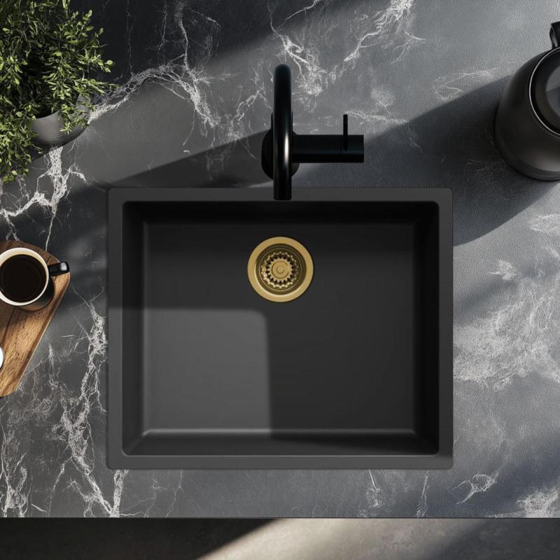 Schwarzes Spülbecken 50x40cm Unterbau, Auflage und flächenbündiger Einbau mit goldenem Stöpsel 1208968037