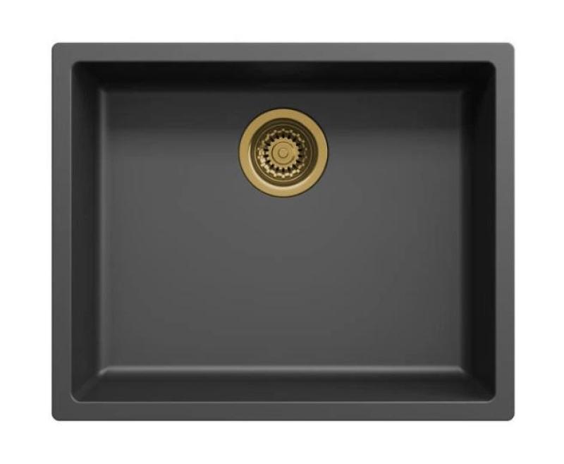 Schwarzes Spülbecken 50x40cm Unterbau, Auflage und flächenbündiger Einbau mit goldenem Stöpsel 1208968037