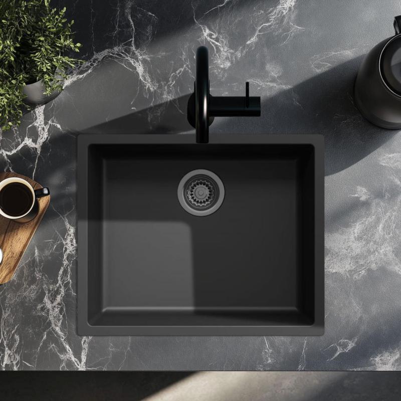 Schwarzes Spülbecken 50x40cm Unterbau, Aufbau und Flachbau mit Gun-Metal-Stöpsel 1208968038