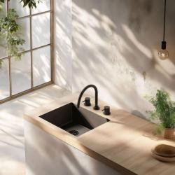 Wasserevolution Flow 3-Loch Küchenarmatur mit schwenkbarem Auslauf und Anschluss für gefiltertes Wasser schwarz T152UPR