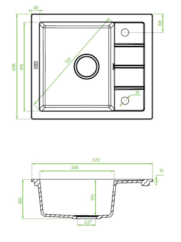 Aquadesign Somerset Granit Aufsatzspüle Anthrazit mit kleinem Abtropfbereich 570 x 495 mm 1208970084