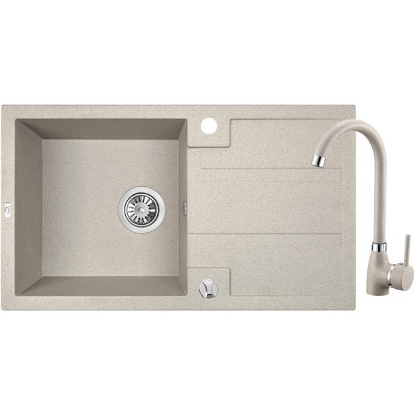 Aquadesign Hartwell Set - Granit Aufsatzspüle Beige Sand mit Abtropffläche und Küchenarmatur, 76 x 44 cm - 1208970088