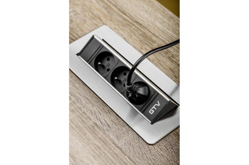 Schreibtischverlängerungskabel ohne Kassette, 3-fach-Steckdose mit Erdung, 1,5 m Netzkabel mit Stecker, Edelstahl.