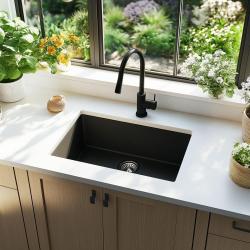 Ausmann Ceramic Ember Keramikmatte Schwarzes Spülbecken - Aufbau und Unterbau 54 x 40 cm mit Edelstahlstopfen 1208970511