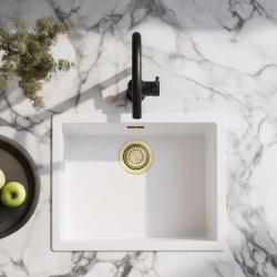 Weiße Spüle 50x40 cm Unterbau, Aufsatz und Flachaufbau mit goldenem Stopfen 1208970532