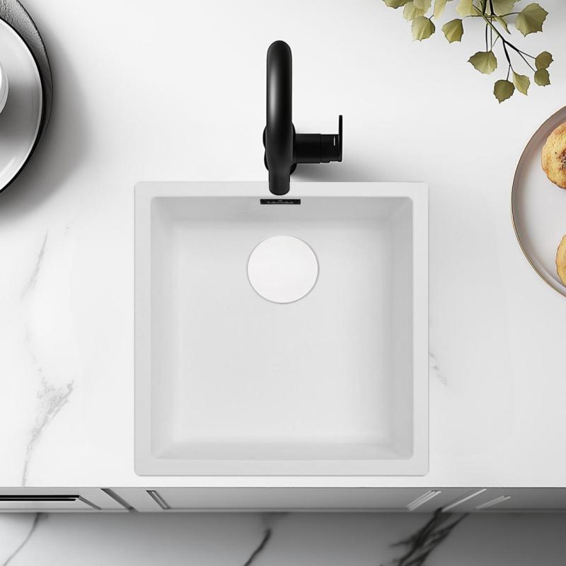 Weiße Spüle 40x40 cm Unterbau, Aufbau und Flacheinbau mit weißem Stöpsel 1208970536