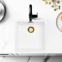 Weiße Spüle 40x40 cm Unterbau, Aufsatz und Flachbau mit goldenem Stöpsel 1208970537