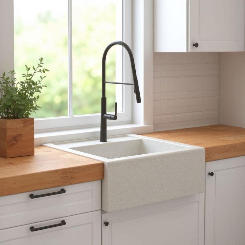 Graniteland Arno Granit Weiß Einbauspüle 582x620mm mit quadratischem Edelstahlstopfen 1208970604