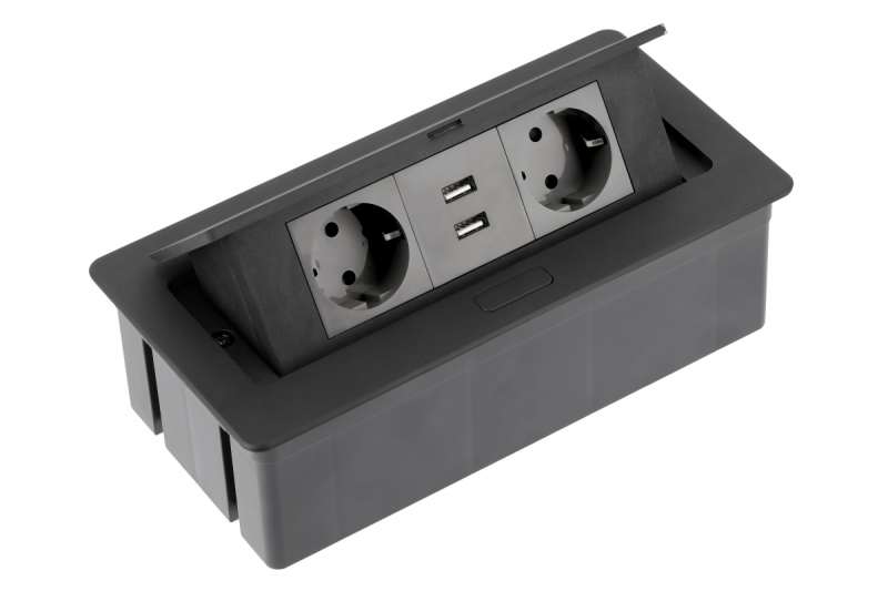 Schreibtisch-Verlängerungskabel SOFT 2x Schuko-Steckdose, USB 2.1A, Stromkabel mit Stecker, schwarz