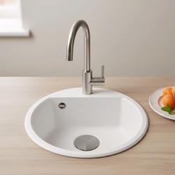 GraniteMy Bremen runde Granitspüle 43 cm weiß Auf- und Unterbau mit Wasserhahnlochbank mit Gun Metal Plug 1208971220