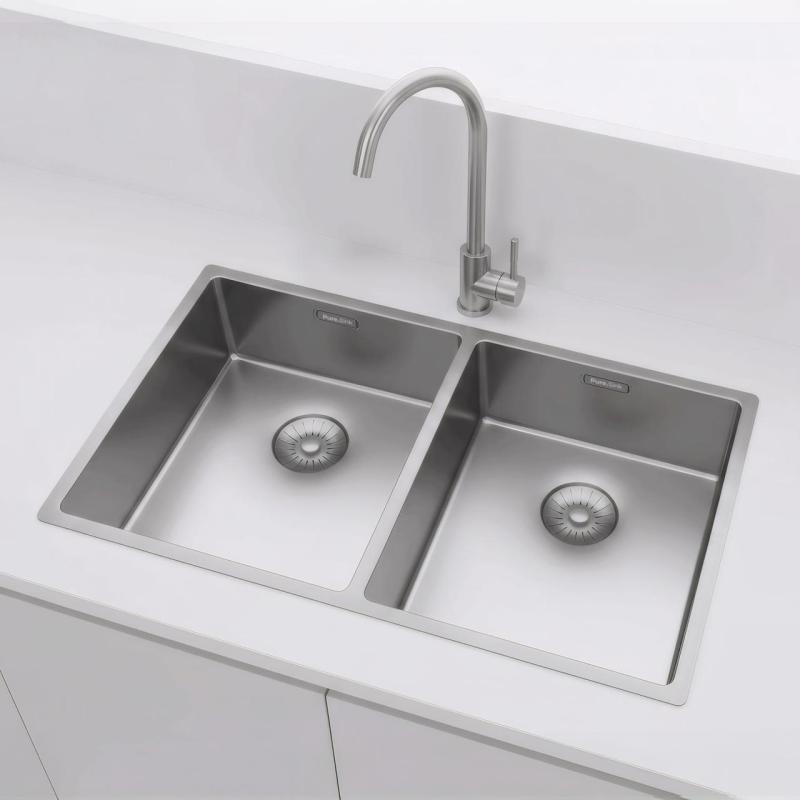 Pure.Sink Prestige Doppelte Edelstahl Spüle 70x40 cm 10mm Radius Unterbau, Flachbau und Aufbau PPG343440-02