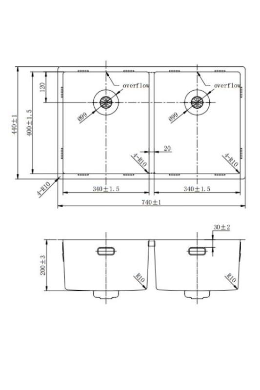 Pure.Sink Prestige Doppelte Gun Metal Spüle 70x40 cm 10mm Radius Unterbau, Flachbau und Aufbau PPG343440-61