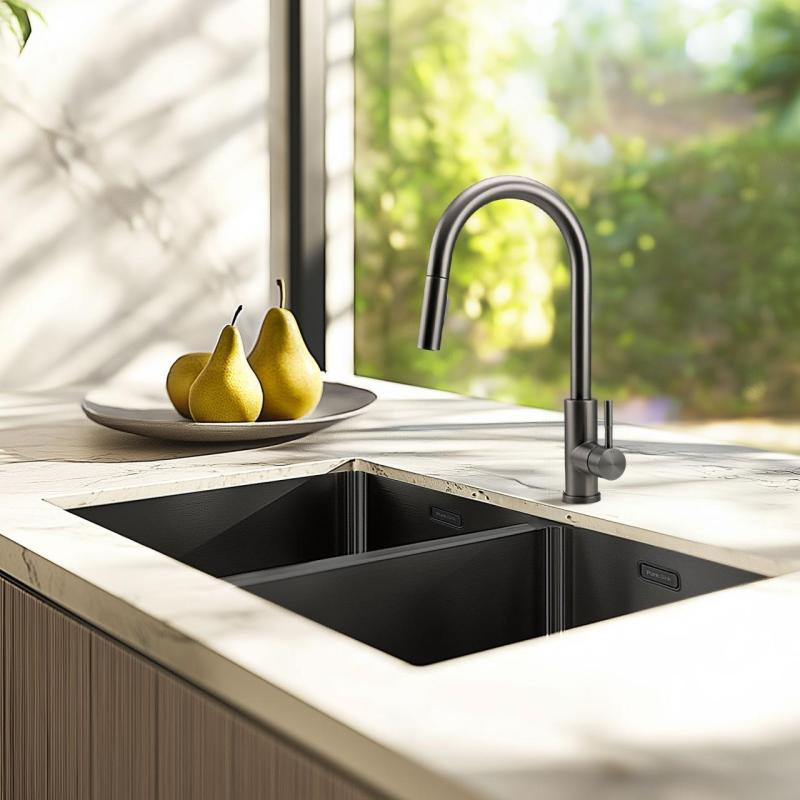 Pure.Sink Prestige Doppelte Gun Metal Spüle 70x40 cm 10mm Radius Unterbau, Flachbau und Aufbau PPG343440-61