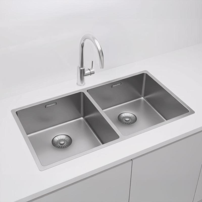 Pure.Sink Prestige Doppelte Edelstahlspüle 82x40 cm 10mm Radius Unterbau, Flachbau und Aufbau PPG404040-02