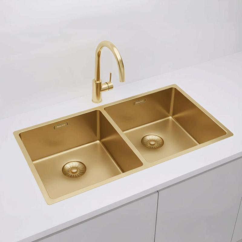 Pure.Sink Prestige Doppelte Goldspüle 82x40 cm 10mm Radius Unterbau, Flachbau und Aufbau PPG404040-60