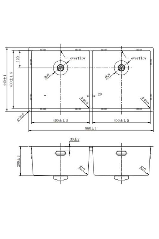 Pure.Sink Prestige Doppelte Goldspüle 82x40 cm 10mm Radius Unterbau, Flachbau und Aufbau PPG404040-60