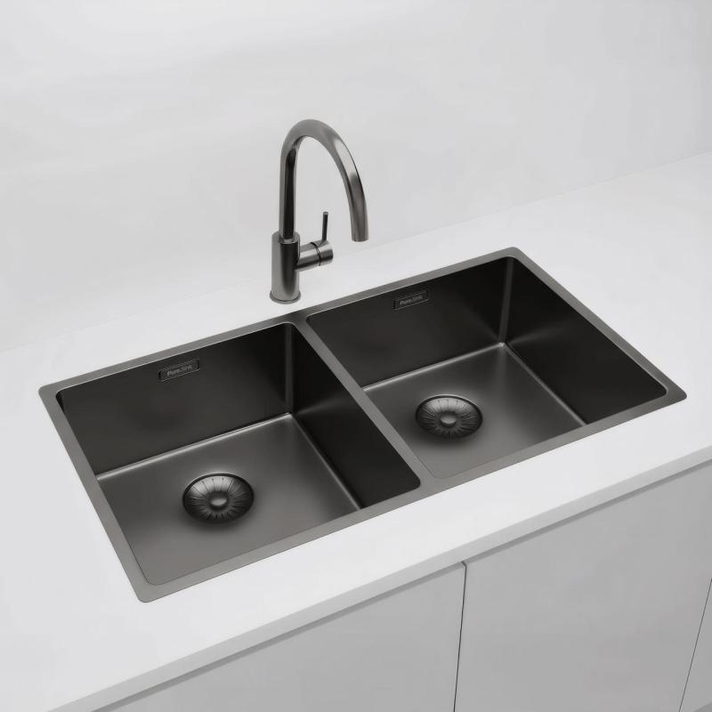 Pure.Sink Prestige Doppelte Gun Metal Spüle 82x40 cm 10mm Radius Unterbau, Flachbau und Aufbau PPG404040-61