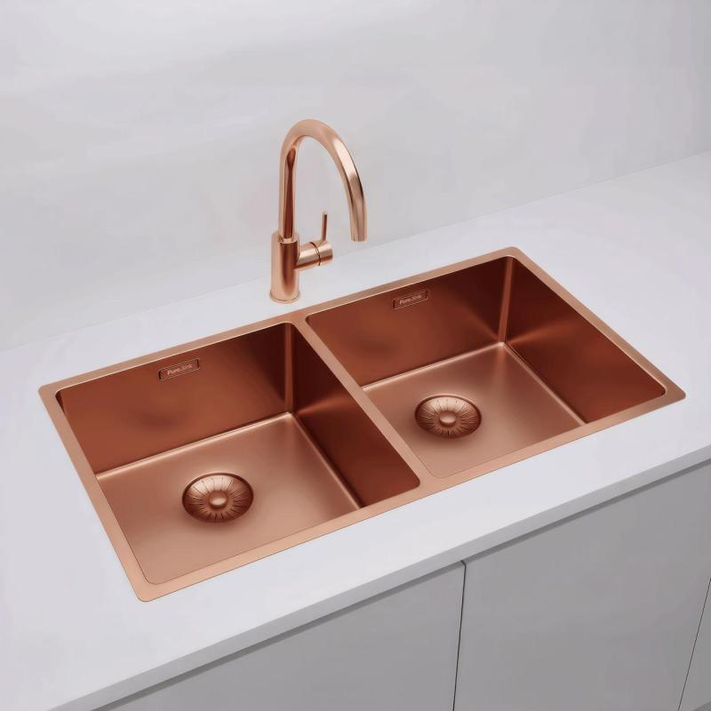 Pure.Sink Prestige Doppelte Kupferspüle 82x40 cm 10mm Radius Unterbau, Flachbau und Aufbau PPG404040-62