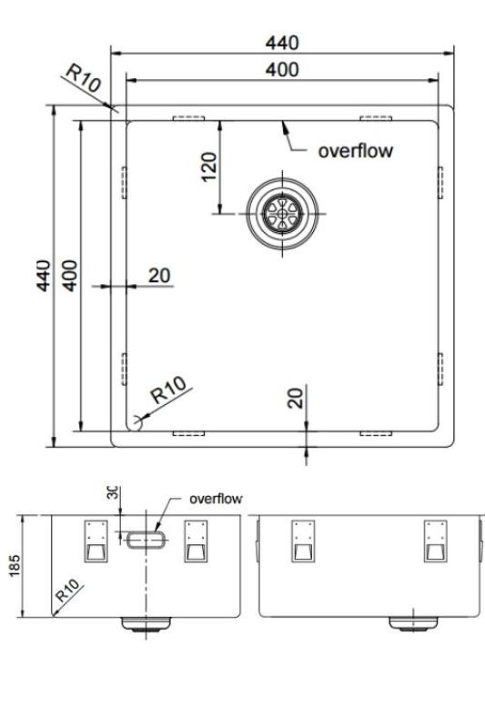 Pure.Sink Exclusivo Edelstahl Spüle 40x40 cm 10mm Radius Unterbau, Flächenbündig und Aufbau PEX4040-02