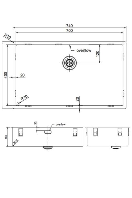 Pure.Sink Exclusivo großer Gun-Metal-Spülbecken 70x40 cm 10mm Radius Unterbau, Flach Einbau und Aufbau PEX7040-61