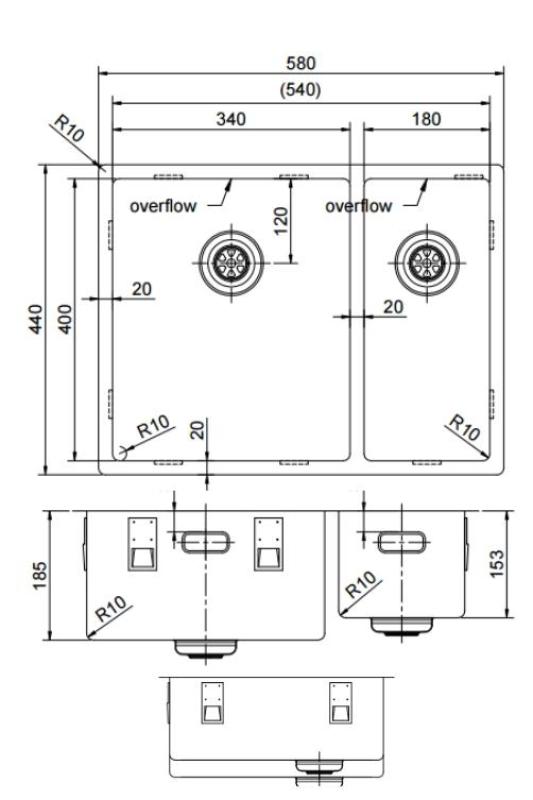 Pure.Sink Exclusivo Kupfer 1,5 anderthalb Spülbecken 34+18 cm 10mm Radius PEX341840-62