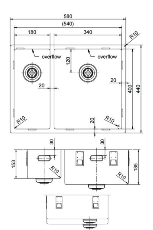 Pure.Sink Exclusivo Gun Metal 1,5 anderthalb Spülbecken 18+34 cm 10mm Radius PEX183440-61