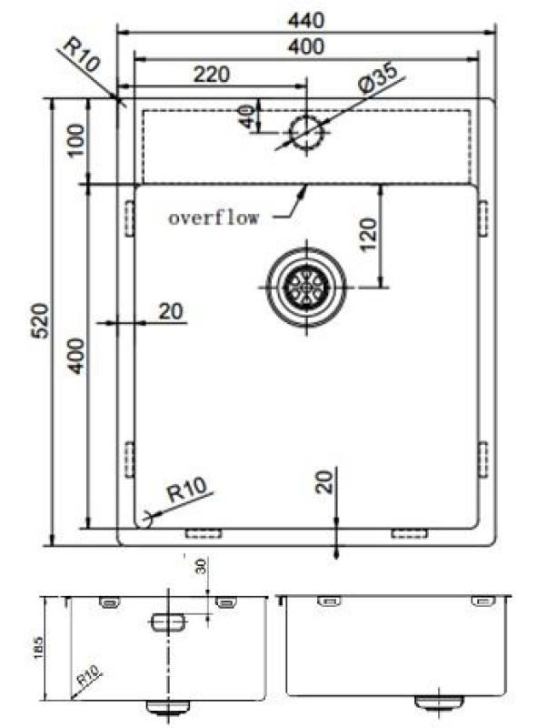 Pure.Sink Exclusivo Gun Metal Spülbecken 44x52 cm Tapwing mit Lochbank 10mm Radius PEX4040T-61