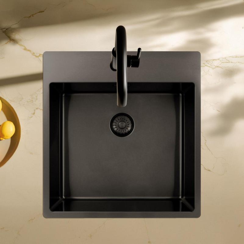 Pure.Sink Exclusivo Gun Metal Spüle 49x52 cm Tapwing mit Lochbank für Wasserhahn 10mm Radius PEX4540T-61