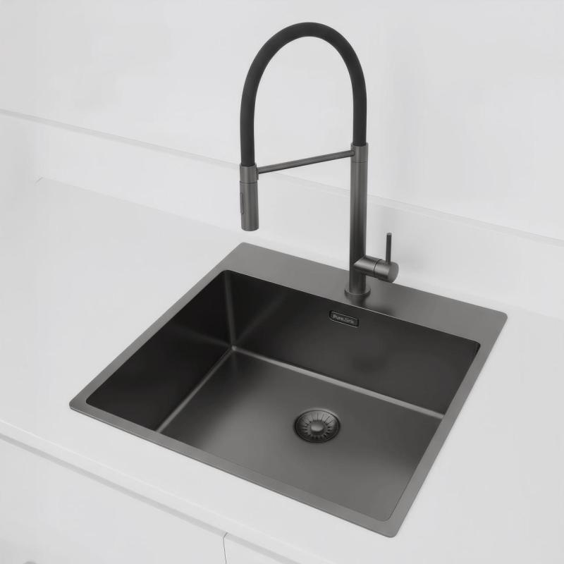 Pure.Sink Exclusivo Gun Metal Spüle 54x52 cm Tapwing mit Lochbank für Wasserhahn 10mm Radius PEX5040T-61