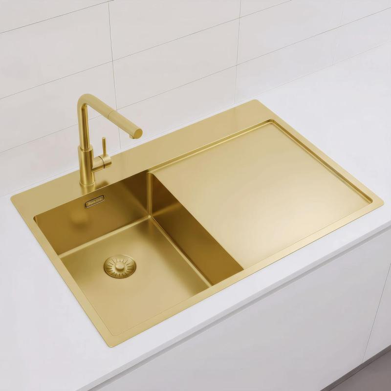 Pure.Sink Exclusivo Goldenes kleines Spülbecken mit Abtropffläche 78 x 52 cm Wasserhahn links PEX3478LT-60