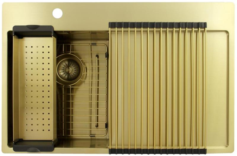 Pure.Sink Exclusivo Goldenes kleines Spülbecken mit Abtropffläche 78 x 52 cm Wasserhahn links PEX3478LT-60