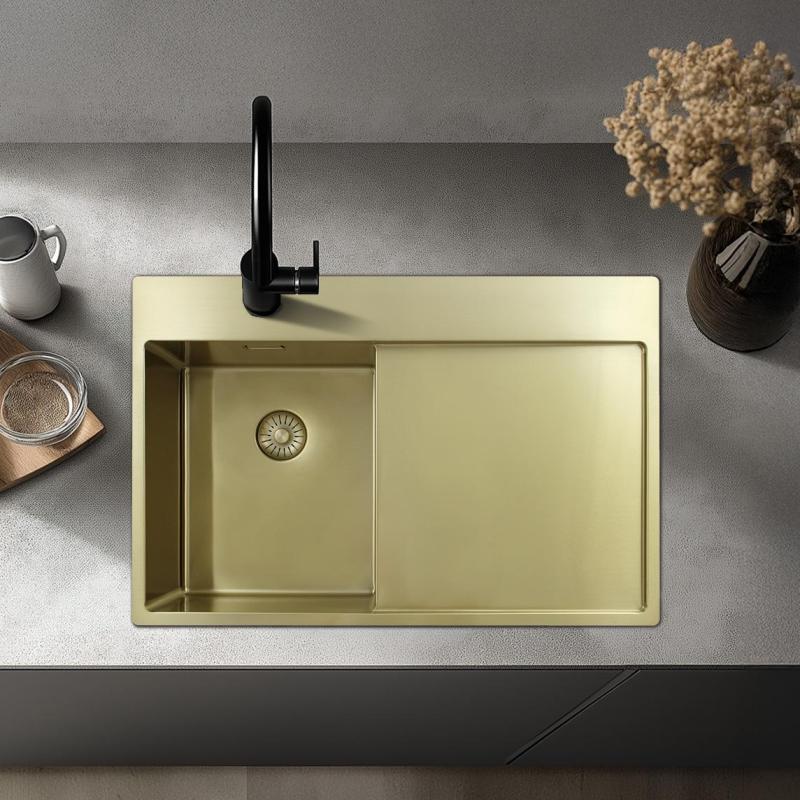 Pure.Sink Exclusivo Goldenes kleines Spülbecken mit Abtropffläche 78 x 52 cm Wasserhahn links PEX3478LT-60